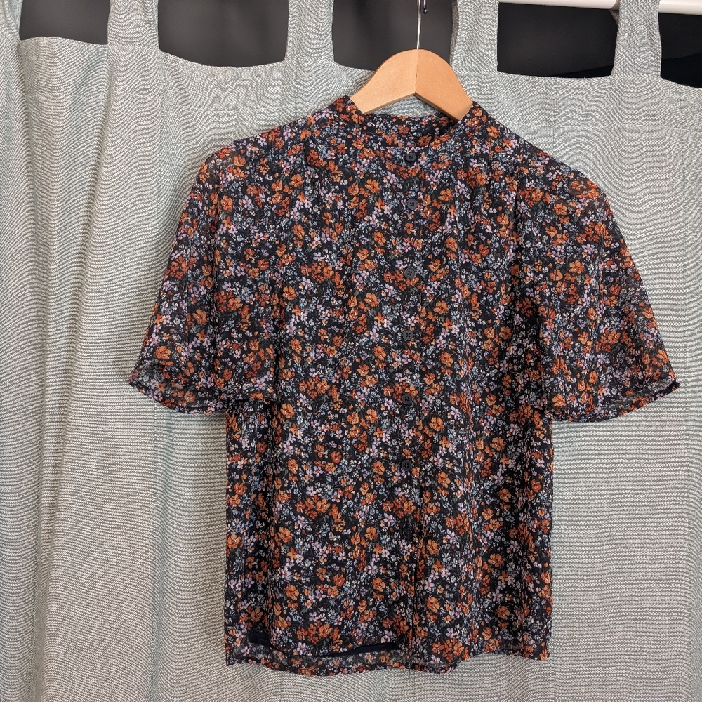 Frank & Oak Black Floral Short-Sleeve Blouse